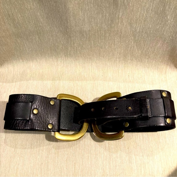 LINEA PELLE COLLECTION Double Brass Metal D  Wrap Thick Leather Belt - Picture 1 of 10